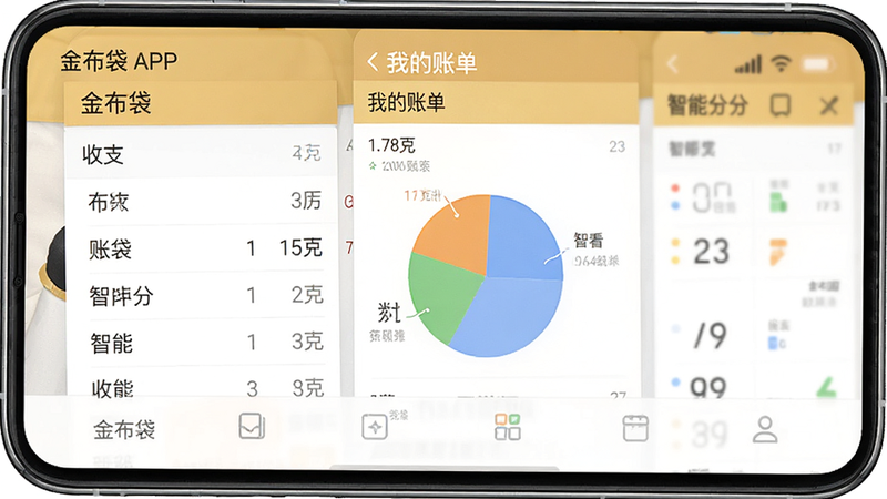 主体为金布袋APP的手机界面截图,布局居中展示,排版清晰简洁,风格为现代扁平化UI,细节包括收支列表、饼状图统计和底部导航栏,文字包含“金布袋”“我的账单”“智能分类”,画质高清,干净,无多余元素