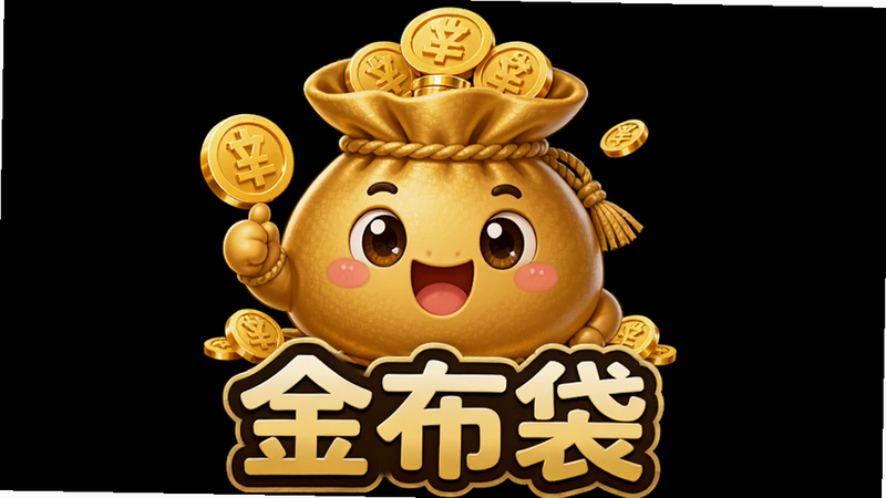 主体为金布袋APP的吉祥物形象,布局居中,排版对称,风格为卡通可爱风,细节包括金色布袋、笑脸和金币元素,文字包含“金布袋”,画质高清,干净,无多余元素