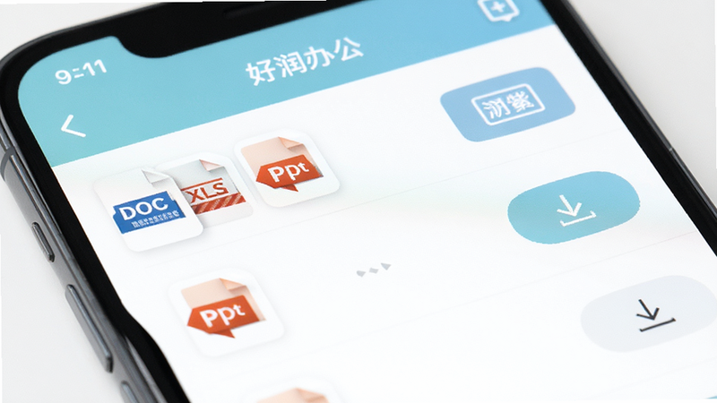 �ֻ�������д����ʾ������칫��APP���ļ�����ҳ�棬�б���ʾ���ָ�ʽ���ļ�ͼ�꣨DOC, XLS, PPT�����Ҳ���Ԥ�������ذ�ť���������࣬ɫ����ͣ����壬רҵ��ǿ