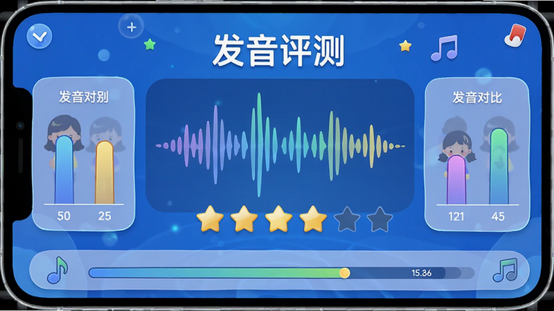 主体为美琪英语启蒙APP的跟读评测界面,布局中心为声波波形图和评分星级,排版对称,风格科技感与童趣结合,细节包含发音对比柱状图和语音识别进度,画质清晰锐利,无多余元素,文字包含
