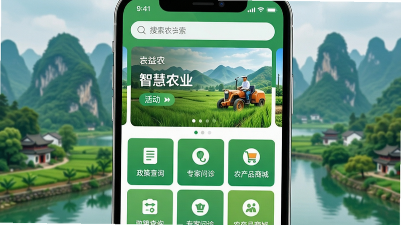 ����ũAPP�����������Ⱦͼ������Ϊ�ֻ���Ļ��ʾ��ҳ���������������������������в��ֲ���ͼ�Ƽ����ǻ�ũҵ������²�����״��������硰���߲�ѯ������ר���������ũ��Ʒ�̳ǡ������Ϊ������ɫϵ��ƽ����ƣ�ϸ��չ��������ɫɽˮ����Ԫ�أ�����4k���ɾ��޶���Ԫ�أ����֡�����ũ�������ɼ�