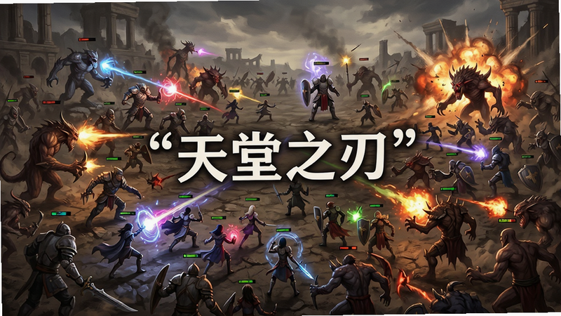 主体为《天堂之刃》大规模战场场景,布局为宏观视角,展示大量玩家角色与怪物混战,排版具有纵深感,风格为史诗级战争场面,细节展现魔法特效与爆炸火光,画质宏大,文字“天堂之刃”加引号悬浮于战场中央,干净无多余元素