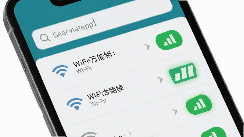 ����Ϊ�ֻ���Ļ��д��չʾWiFi����Կ��APP���棬����������������ʾ���������в��б�չʾ����Wi-Fi�ź�ǿ��ͼ�꣬�Ű����࣬��ƽ����Ʒ��ϸ�ڰ�����ɫ���Ӱ�ť�͸������źŸ񣬻��ʸ��壬�ɾ����޶���Ԫ��