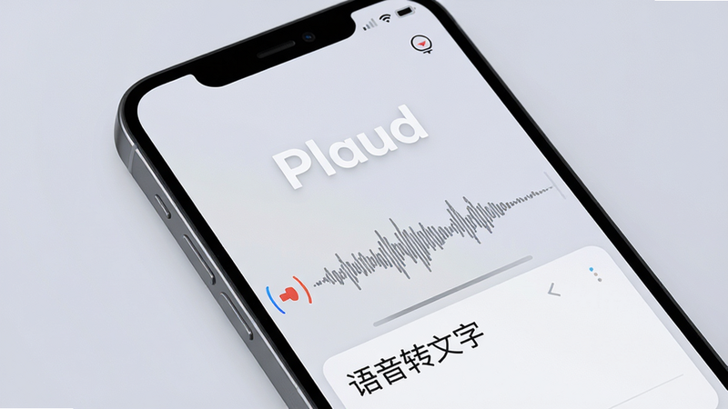 һ�Ÿ���������ֻ���Ļ��д����ʾ Plaud Ӧ�õ������棬����Ϊ��͵�ǳ��ɫ����Ļ����������ʾ��Plaud��Logo���·�������¼���Ĳ���ͼ�͡�����ת���֡���ʵʱԤ�����򣬷���ִ���Լ���Ƽ���ǿ���߷ֱ��ʣ�������Ԫ��