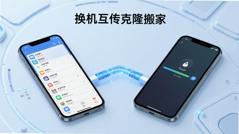 主体为两部智能手机并排展示,左侧手机屏幕显示应用列表,右侧手机屏幕显示传输进度条,中间通过一条发光的数据流连接,背景为简洁的浅蓝色科技感界面,排版清晰,风格现代简约,细节丰富,画质高清,干净无多余元素,文字