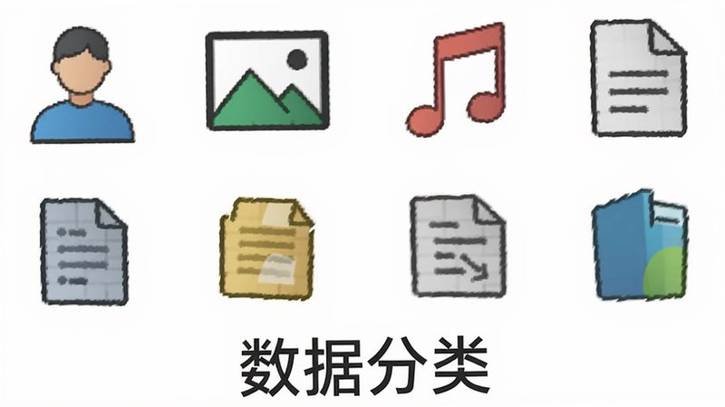 主体为一个数据分类图标集合,包含人物、图片、音乐、文档等图标,背景为白色,布局呈网格状,排版整齐,风格简约,细节清晰,画质高清,干净无多余元素,文字