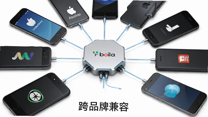 主体为多个不同品牌手机Logo汇聚到一个中心传输节点,背景为白色极简风格,布局呈环形分布,排版整齐,风格商务简洁,细节精致,画质高清,干净无多余元素,文字