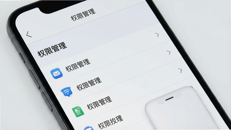 主体为一个手机设置界面,显示权限管理列表,背景为浅灰色,布局为列表式,排版清晰,风格扁平化,细节清晰,画质高清,干净无多余元素,文字