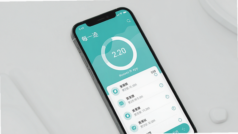 一部智能手机屏幕显示“每一迹”App界面,主色调为清新的蓝绿色,界面上有时间圆环图表和列表记录,背景简洁干净,现代扁平化设计风格,高清渲染,无多余元素