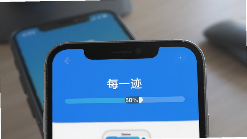 手机安装界面,显示“每一迹”App的安装进度条,进度为50%,背景模糊,突出安装过程,界面简洁,蓝色主题,高清渲染,无水印