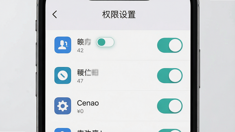 主体为手机设置权限界面,布局显示应用列表与开关状态,排版清晰,风格简洁UI,细节展示权限图标与选中状态,画质高清,干净背景,文字包含