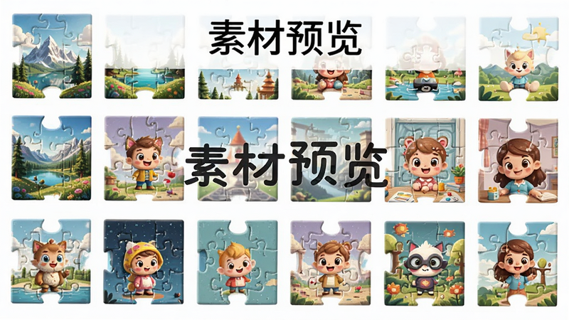 主体为天天爱拼图素材展示图,布局呈网格状排列多张拼图底图,排版整齐,风格多样涵盖风景与卡通,细节展示图片清晰度,画质极佳,干净背景,文字包含