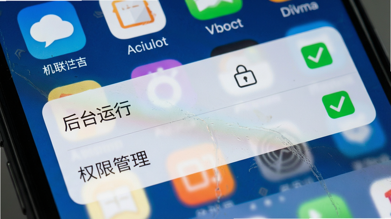 全联亿盒APP的设置界面特写,展示“后台运行”、“权限管理”等选项被勾选的状态,背景为手机桌面,图标清晰可见,风格写实,高清细节,无水印