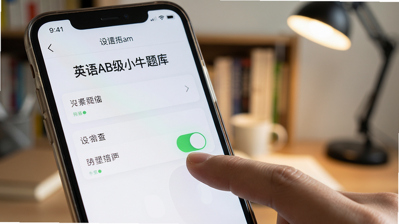 主体为手机屏幕显示'英语AB级小牛题库'的设置页面,手指正在点击开关按钮,背景为模糊的书房环境,布局聚焦于操作细节,排版清晰,风格写实,细节处展现手指动作与屏幕反馈,画质清晰,干净无杂物