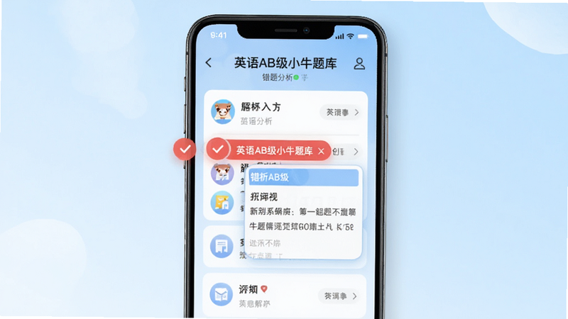 主体为手机屏幕展示'英语AB级小牛题库'的错题分析界面,背景为淡蓝色渐变,屏幕中央突出显示红色错题标记与解析框,布局左右分明,排版清晰,风格清新治愈,细节处体现图标精致与色彩和谐,画质清晰,干净无杂讯