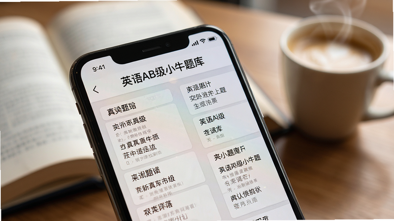 主体为手机屏幕特写,显示'英语AB级小牛题库'中的真题试卷页面,背景虚化显示书本与咖啡,突出屏幕内容,布局紧凑有序,排版采用网格化列表,风格写实且温馨,细节处展现纸张质感与屏幕光泽,画质细腻,干净无干扰