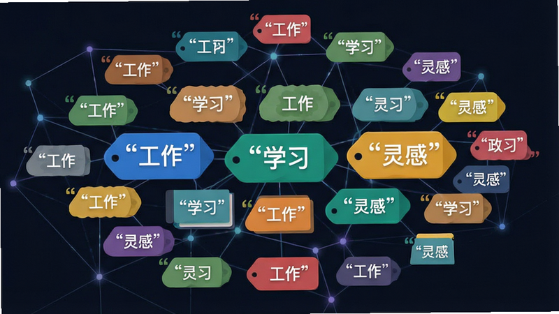 一张概念图,展示“博慧树”APP的标签管理界面,主体为色彩鲜艳的标签云,布局呈网状分布,排版清晰,风格为科技感与扁平化结合,细节显示标签名称如“工作”、“学习”、“灵感”,文字加引号清晰可见,画质高清,干净,无多余元素