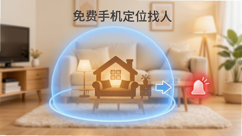 “免费手机定位找人”电子围栏功能概念图,画面中央是一个柔和的蓝色光圈区域,圈内有温馨的家居剪影,圈外有一个小箭头向外移动并触发红色警报图标,背景为淡雅的家居环境,传达出“守护”与“提醒”的主题,构图平衡,色彩温馨且专业,无杂乱背景