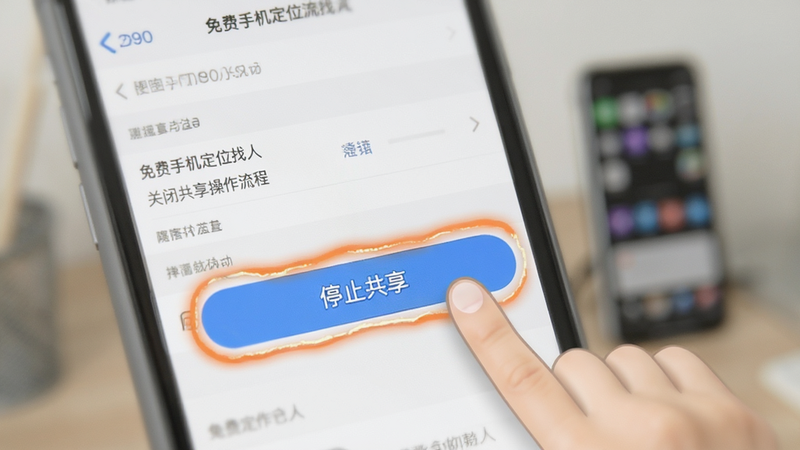 “免费手机定位找人”关闭共享操作流程示意图,展示手机屏幕上的设置菜单界面,高亮显示“停止共享”按钮,手指图标正点击该按钮,背景模糊处理以突出操作焦点,风格直观易懂,色彩柔和,无干扰元素,画质清晰
