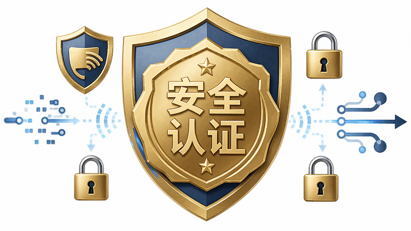 “免费手机定位找人”安全认证徽章展示图,画面中心为金色的“安全认证”徽章,周围环绕着盾牌、锁具和数据流图标,背景为纯净的白色,象征权威与信任,风格庄重且简洁,无多余装饰,画质高清,细节清晰