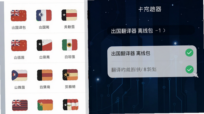 主体为手机离线模式界面,布局左侧显示已下载的国家图标列表,右侧显示翻译对话框,背景为深空蓝色,风格极简科技风,细节展示绿色对勾表示下载完成,文字包含
