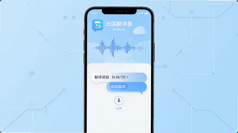 主体为出国翻译器安卓版手机应用界面,布局为竖屏手机模型居中,背景为淡蓝色科技网格,排版简洁,风格扁平化现代,细节展示语音波形动画与翻译结果气泡,画质4k高清,干净无多余元素,文字包含