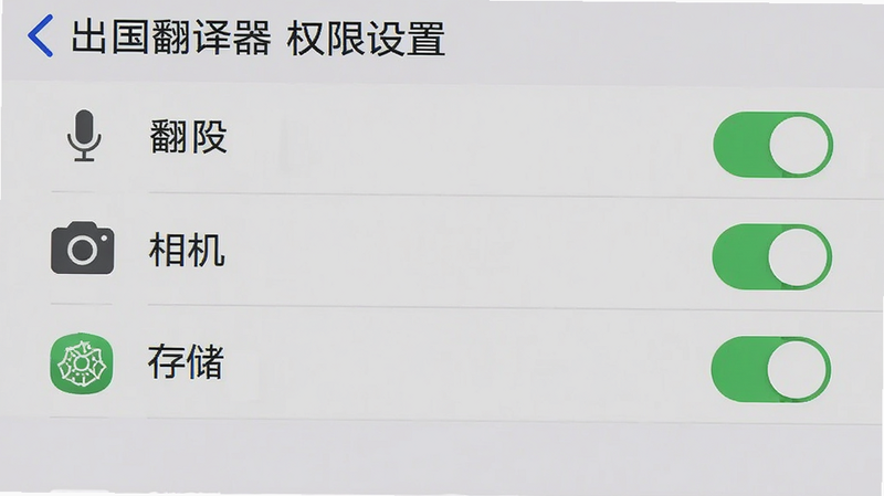主体为手机设置界面截图,布局显示应用权限管理列表,背景为浅灰色,风格扁平UI,细节展示麦克风、相机、存储权限的开关状态,文字包含
