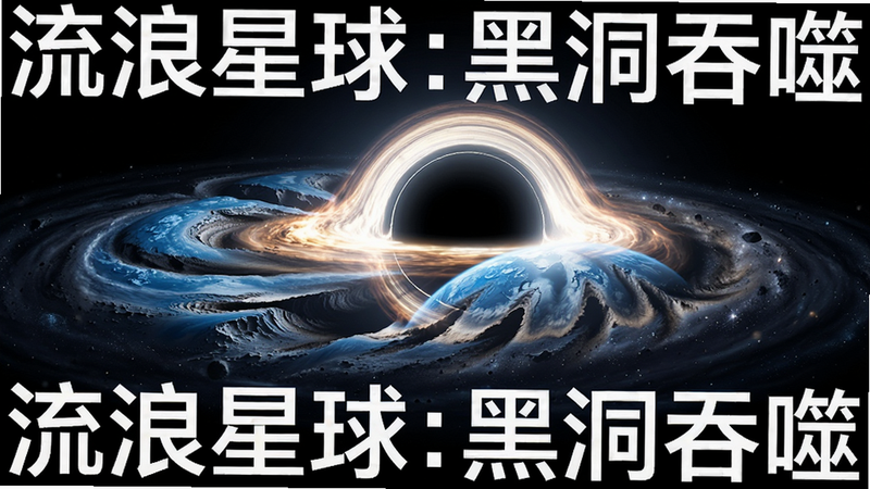 主体为黑洞吞噬一颗蓝色行星,行星表面出现明显的潮汐力撕裂效果,星尘呈螺旋状卷入中心,科幻写实风格,高对比度,细节丰富,无多余元素,文字