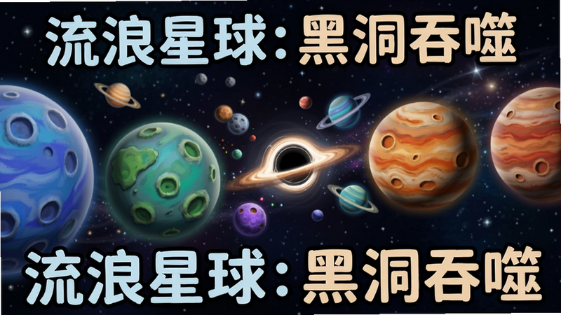 主体为多个不同颜色的星球在太空中排列,中间有一个小黑洞正在吸引它们,展示多样化的天体库,卡通与写实结合风格,色彩鲜艳,布局整齐,无多余元素,文字