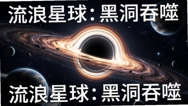 主体为深邃宇宙背景,中心是一个巨大的旋转黑洞,周围环绕着被引力拉扯变形的行星和星尘,画面充满动态感,科幻风格,高细节,4k画质,干净无多余元素,文字
