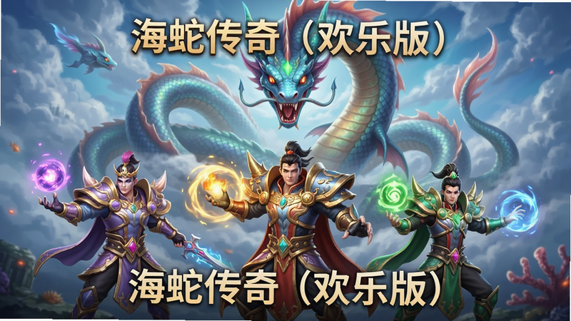 主体为《海蛇传奇(欢乐版)》手游的宣传海报,布局采用居中构图,背景是充满奇幻色彩的海蛇巨兽盘旋在云端,前景展示三位身穿不同等级神装的角色正在释放技能,排版整洁,风格为3D写实渲染,细节丰富,画质高清,干净,无多余元素,文字“海蛇传奇(欢乐版)”清晰可见
