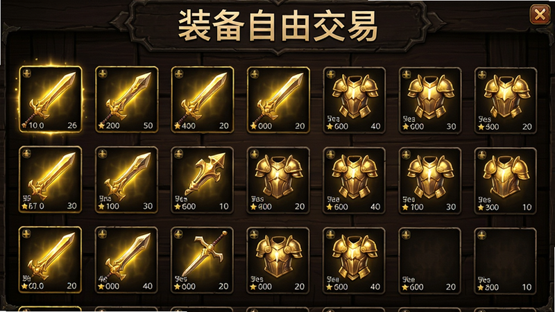 主体为游戏内装备仓库界面,布局展示多个发光的金色武器和盔甲图标,排列整齐,背景为深色木质纹理,风格为游戏UI设计,细节展示装备属性数值,画质清晰,干净,无多余元素,文字“装备自由交易”位于顶部