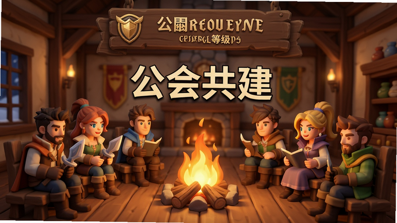 主体为公会大厅场景,布局展示多名玩家角色围坐在一起,中间有篝火,上方显示公会名称和等级,风格为温馨社交氛围,细节展示角色表情,画质高清,干净,无多余元素,文字“公会共建”位于中心