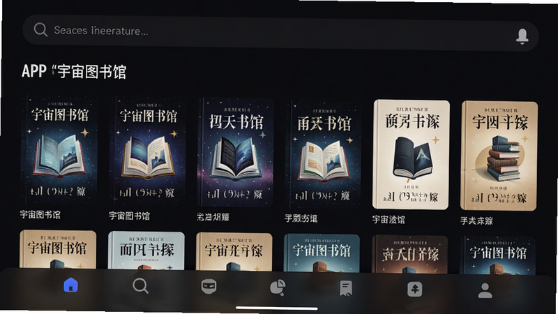 主体为‘宇宙图书馆’APP主界面截图,布局采用深色模式背景,顶部显示搜索栏,中间展示书籍封面网格,底部为导航菜单,风格现代简约,细节清晰,画质高清,干净无多余元素