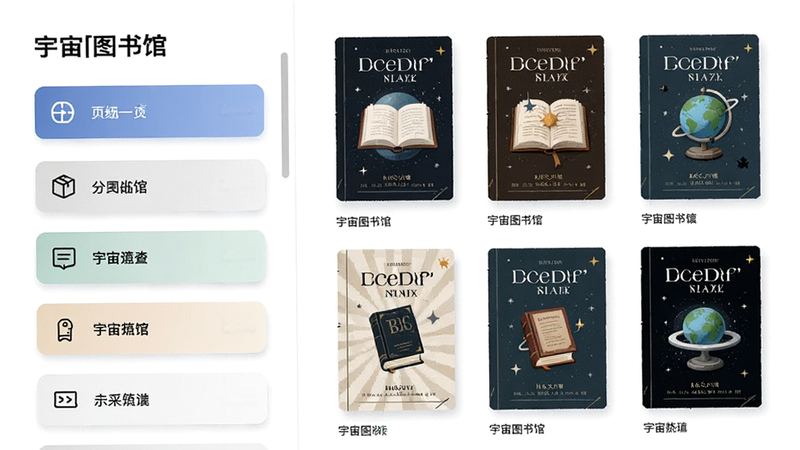 主体为‘宇宙图书馆’分类选择页面,左侧为标签列表,右侧为对应书籍预览,布局左右分栏,风格扁平化,细节图标精致,画质清晰,干净背景