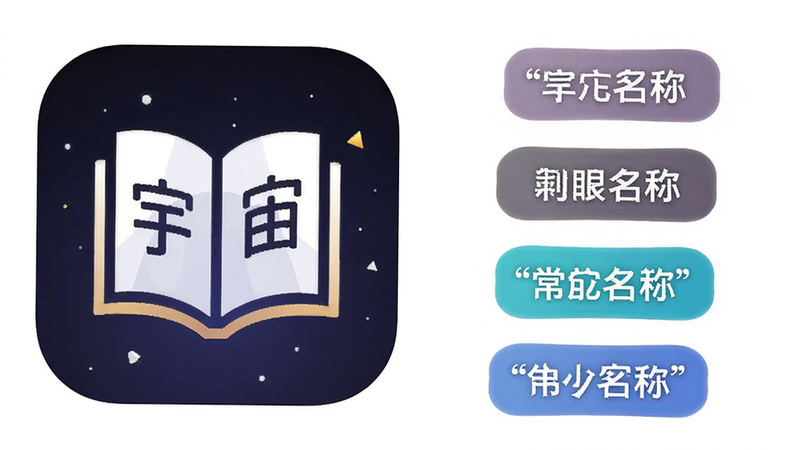 主体为‘宇宙图书馆’APP图标与几个常见别名标签的对比图,布局居中,风格简洁,文字标签清晰,画质高清,背景纯白