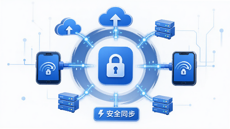 主体为'记事本杂记'数据同步与安全锁图标组合的概念图,布局采用中心放射状结构,排版平衡对称,风格商务安全蓝调,细节展示云端图标与手机设备之间的数据流动线条,文字标注'安全同步',画质清晰,背景简洁,无多余装饰元素