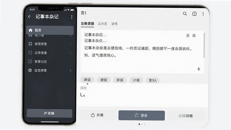 主体为一款名为'记事本杂记'的手机应用界面预览图,布局采用左侧导航栏与右侧内容编辑区的双栏结构,排版整洁有序,风格为现代简约扁平化设计,细节展示文本编辑框、分类标签栏及底部操作按钮,文字内容清晰可见,画质高清,背景干净无多余元素