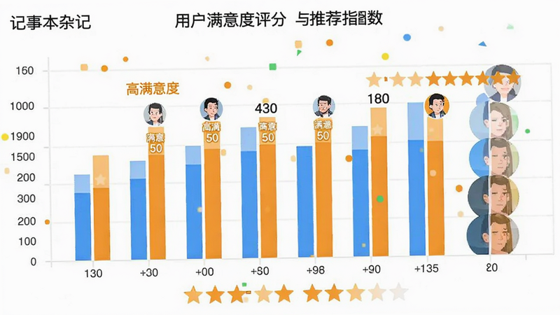 主体为'记事本杂记'用户满意度评分与推荐指数图表,布局采用柱状图与星级评分组合,排版直观清晰,风格数据可视化,细节展示高分评价与用户头像缩略图,文字标注'高满意度',画质清晰,背景干净,无多余元素