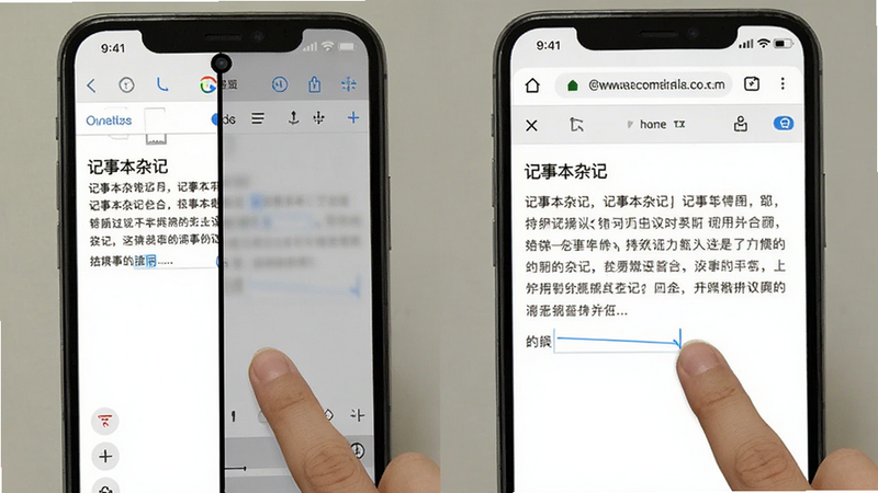主体为手机分屏模式使用'记事本杂记'进行笔记记录的示意图,布局左侧为应用编辑界面,右侧为浏览器界面,排版清晰分区,风格实用主义,细节展示手指点击操作与文字输入过程,画质清晰,背景简洁,无多余元素