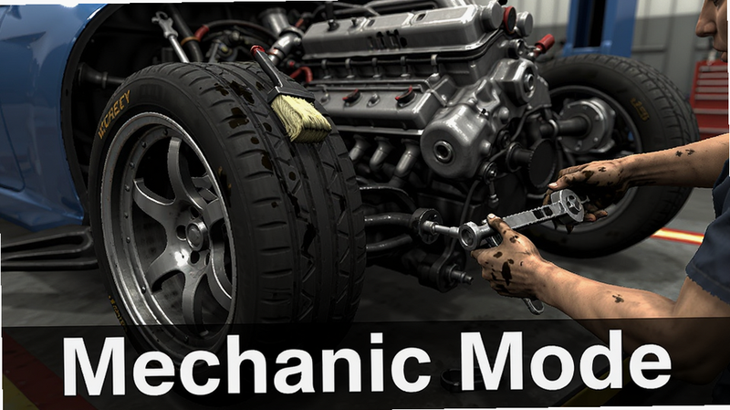主体为 Street Racing Mechanic 游戏内的车辆维修场景,布局聚焦于车轮和发动机部分,排版紧凑,风格写实,细节展现油污清理和零件安装动作,画质高清,干净,无多余元素,文字