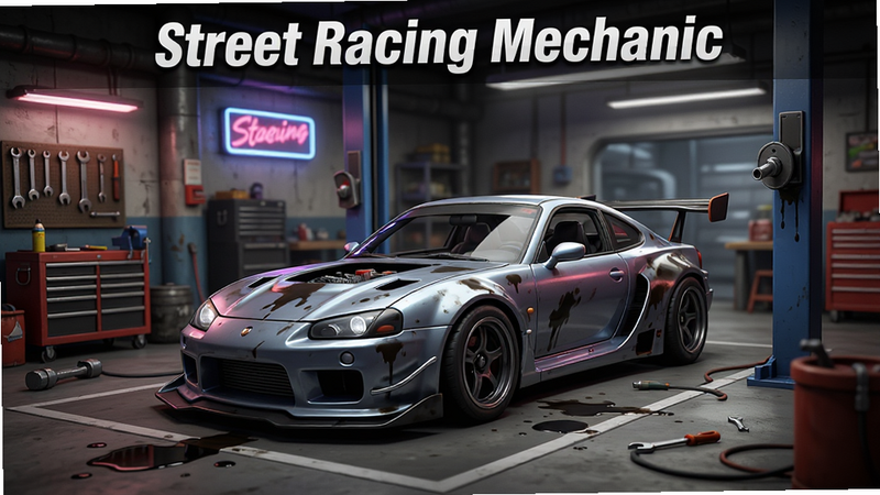 主体为 Street Racing Mechanic 游戏主界面,布局清晰,展示一辆正在车库中维修的改装赛车,背景是充满工业风的修理厂,排版整洁,风格写实且带有轻微卡通渲染,细节丰富如油污、工具、霓虹灯,画质高清,干净,无多余元素,文字