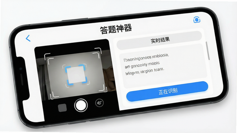 主体为手机屏幕特写,显示“答题神器”APP界面,背景简洁白色,布局清晰,左侧为摄像头取景框,右侧为实时识别结果区域,排版现代简约,风格科技感强,细节包含UI按钮与文字提示“正在识别”,画质高清,干净,无多余元素,alt=答题神器预览图