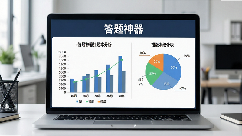 主体为笔记本电脑屏幕,显示“答题神器”错题本统计图表,柱状图与饼图清晰,背景办公室环境,布局数据可视化,排版专业,风格商务科技,细节包含图表数据与坐标轴,画质高清,干净,无多余元素,alt=答题神器错题本分析