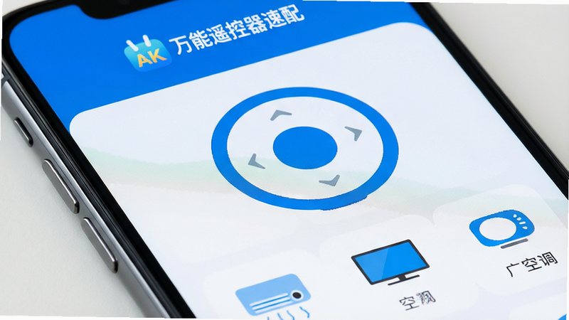 一张高清手机屏幕特写,主体是“万能遥控器速配”APP界面,布局简洁现代,顶部显示品牌Logo,中间是大号圆形发射按钮,底部有空调、电视等设备图标,风格扁平化,色彩以科技蓝和白色为主,细节清晰,画质4k,无多余元素