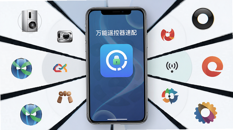 展示多个家电品牌Logo环绕手机界面的设计图,主体是“万能遥控器速配”APP,布局呈放射状,体现兼容性,风格专业商务,色彩协调,细节精致,画质超清,无水印
