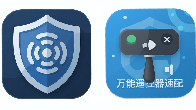 手机安全防护盾牌图标与“万能遥控器速配”APP图标并列,象征安全保护,布局对称,风格扁平图标设计,色彩稳重,细节精致,画质高清,无干扰元素