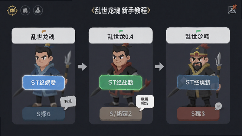 主体为乱世龙魂新手教程界面,布局清晰步骤指引,排版简洁明了,风格为扁平化UI设计,细节展示按钮高亮与提示气泡,画质清晰,干净,文字无