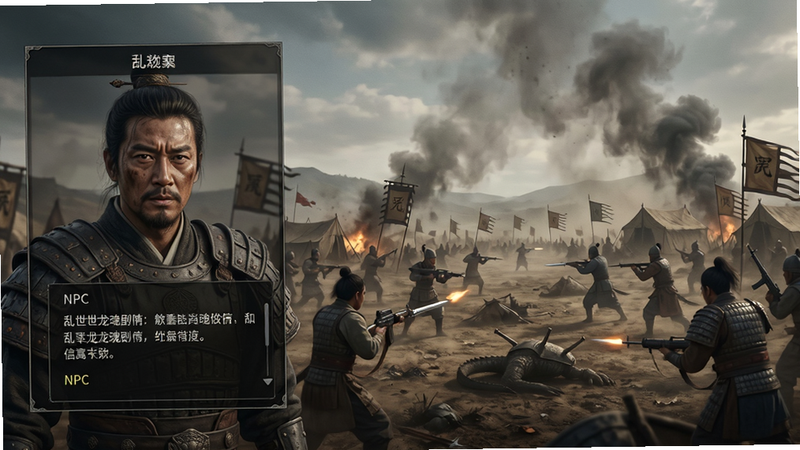 主体为乱世龙魂剧情过场画面,布局左侧为NPC对话界面,右侧为战场全景,排版清晰分层,风格为影视级写实画风,细节展现人物表情与战场烟尘,画质极高,干净,文字无