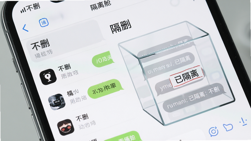 手机屏幕特写,展示“不删”应用的“隔离舱”界面,左侧是普通的聊天列表,右侧是一个半透明的玻璃盒子,里面装着几条灰色化的消息气泡,盒子上贴着标签“已隔离”,UI设计简洁,色彩以白色和浅灰为主,突出清爽感,高清细节,无水印